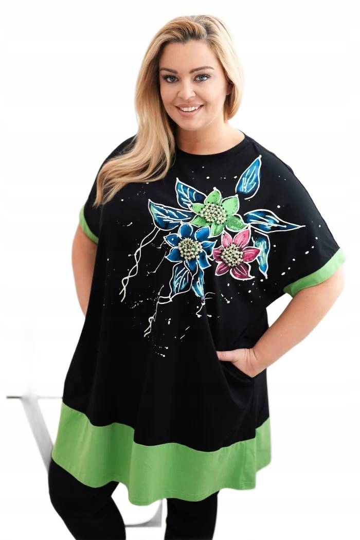 Dámská halenka Plus Size s květinovým vzorem a ozdobnými perličkami, zelená