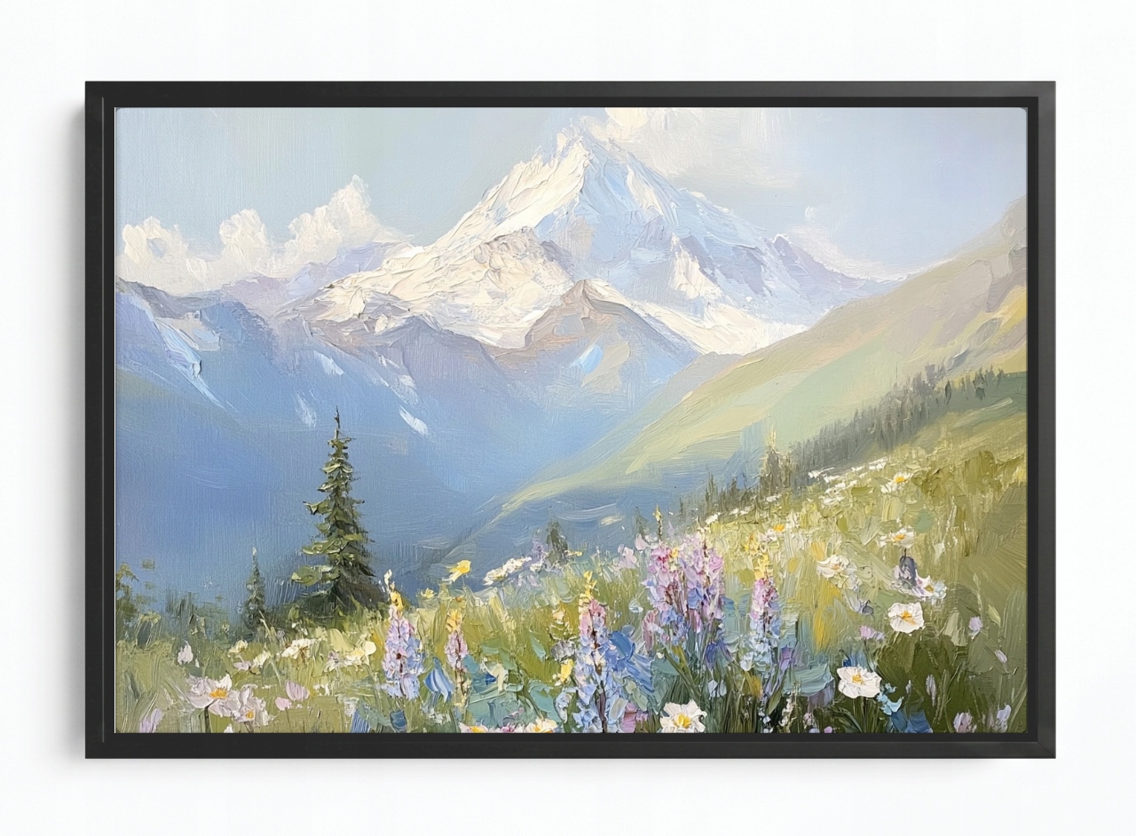 Obraz Rám Americký Box Krajina Hory Vrcholky Alpy Louka Květiny Jaro 60x40