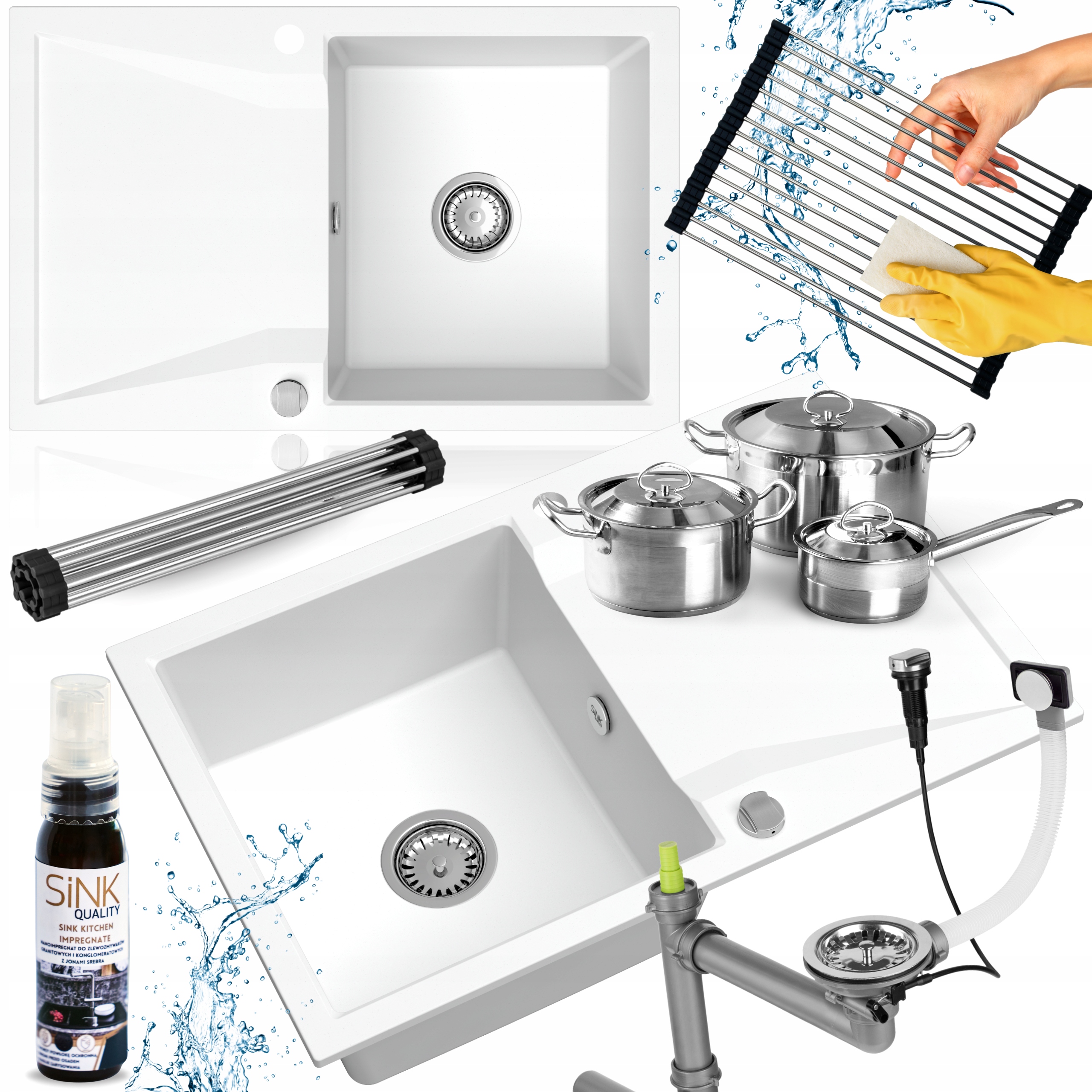 Jednokomorový Drez Biely Granitový Sifón Automat Rolovaná Podložka 7v1