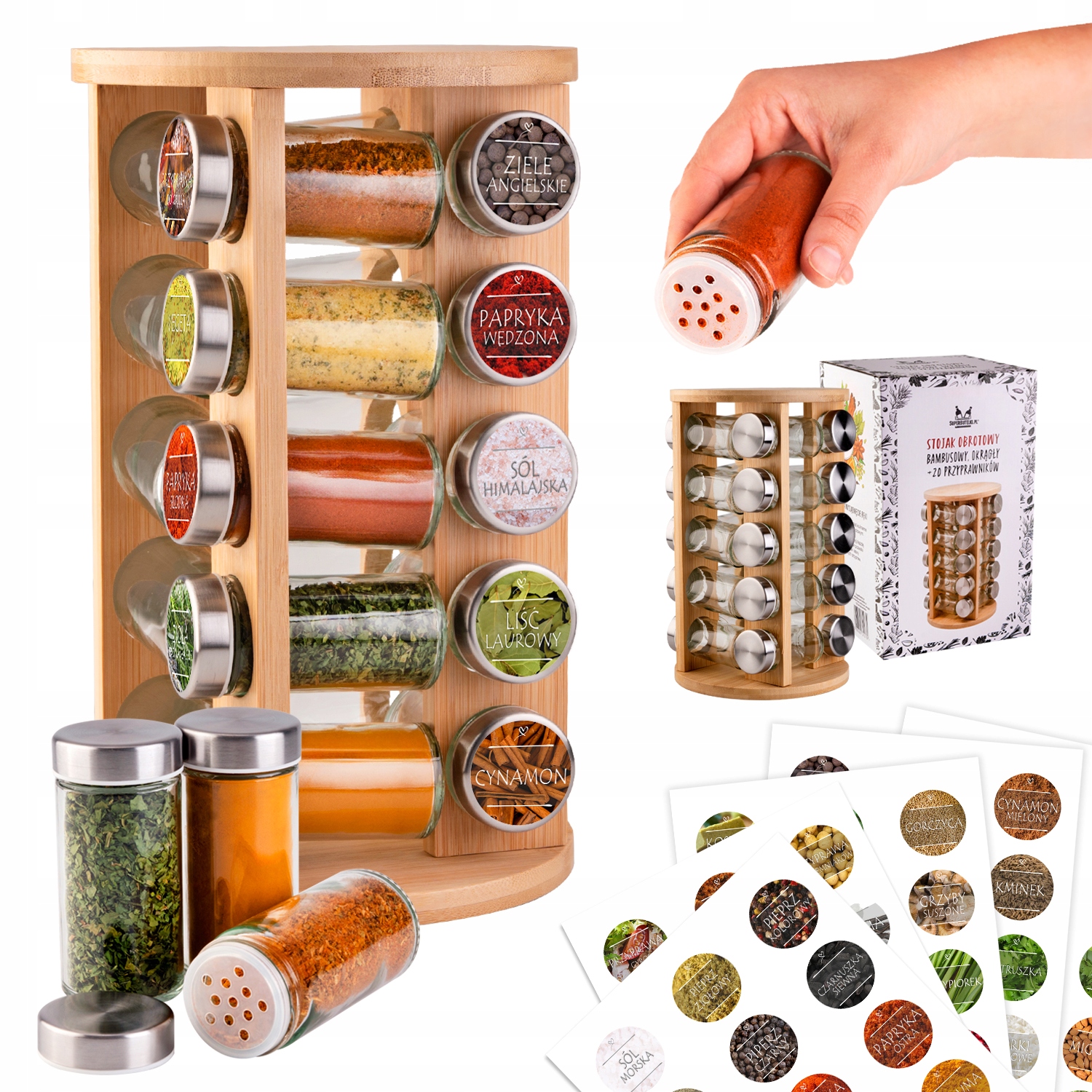 STOJAK OBROTOWY na PRZYPRAWY organizer przyprawnik 20x SŁOIKI 75x NAKLEJKI