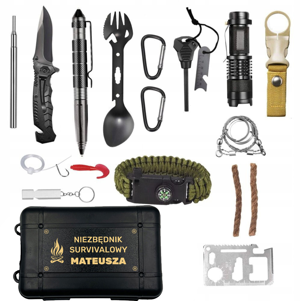 ZESTAW NIEZBĘDNIK SURVIVALOWY ZESTAW PRZETRWANIA prezent dla faceta taty Model LATARKA NÓŻ RATOWNICZY KRZESIWO ZESTAW PRZEŻYCIA