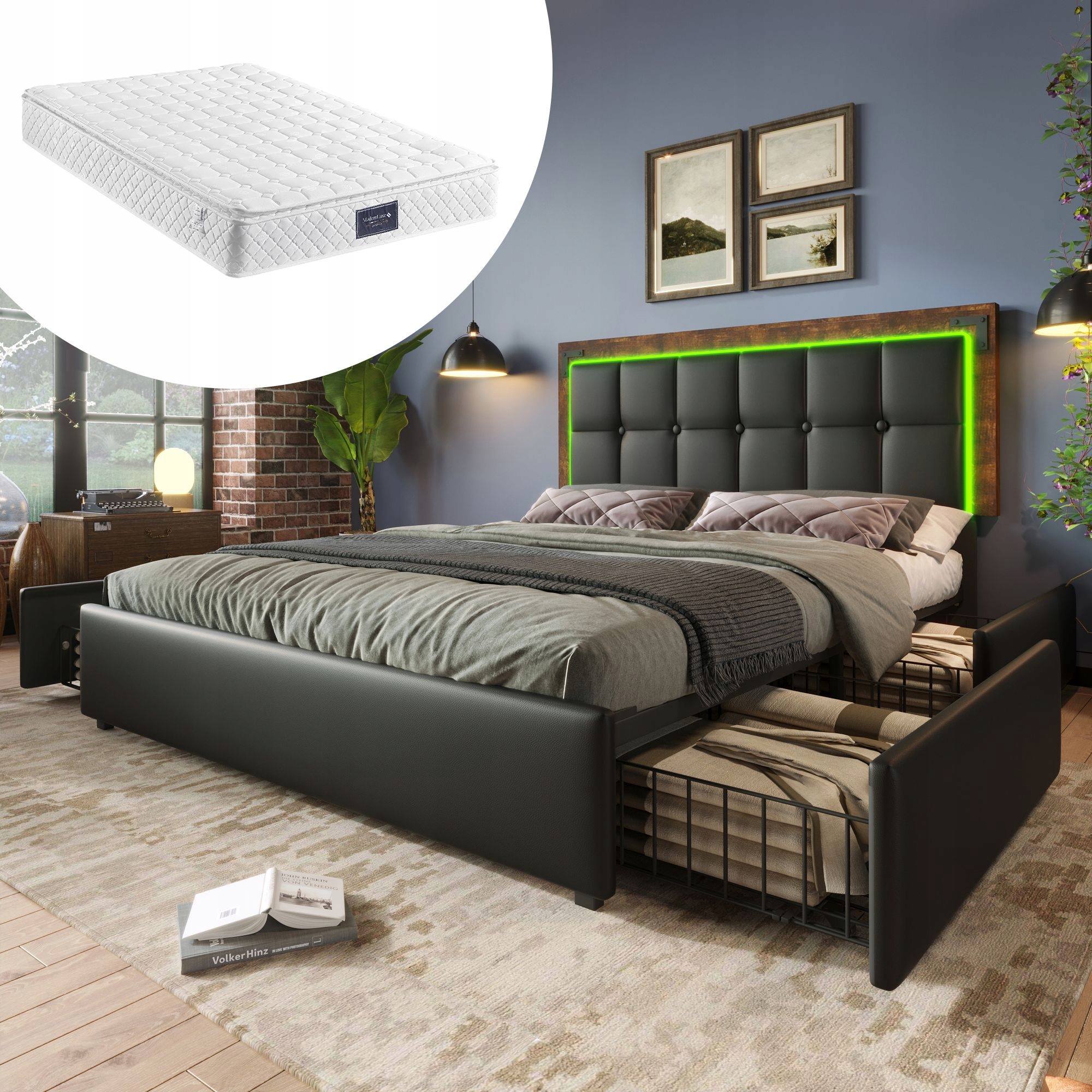 Čalouněná postel Dvoulůžková postel 160x200 LED4 šuplík Pu černá Matrace
