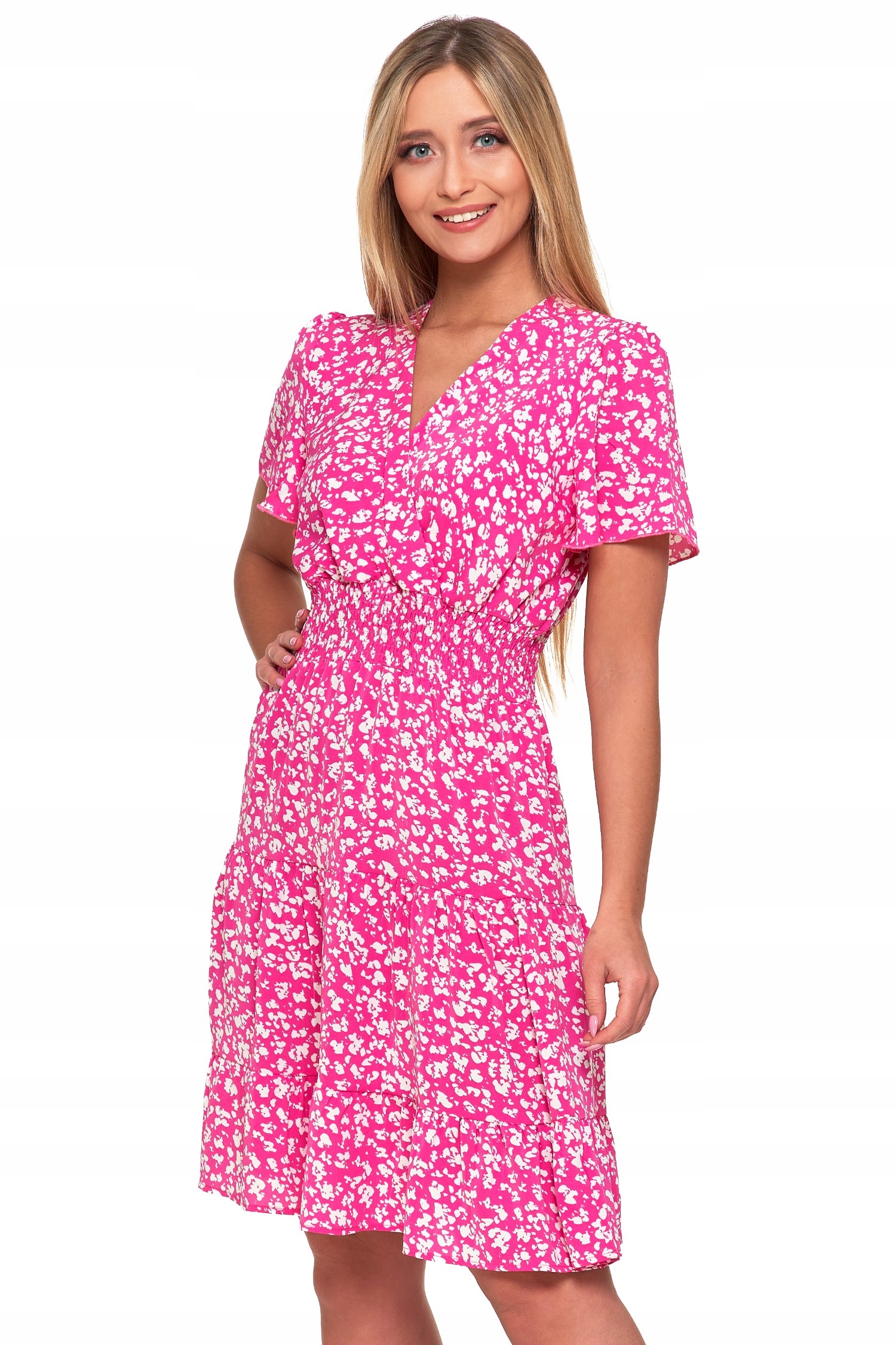 SUKIENKA DAMSKA LETNIA ROZKLOSZOWANA Z RĘKAWEM MOTYLKOWYM MODNA MORAJ R.S Kolor dodatkowy biały