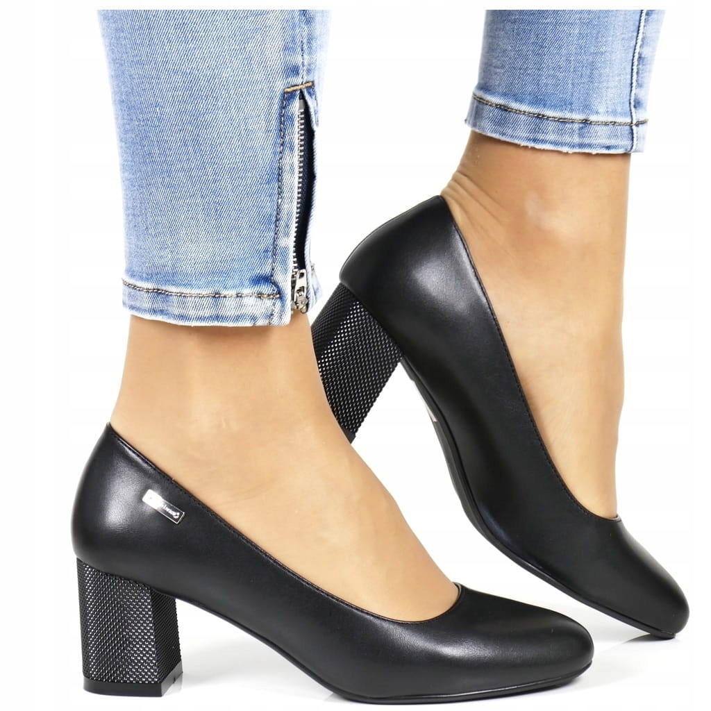 iButy Lodičky Na Klocku Sloupku Černé Matné Hladké Podpatek Vroubkovaný Módní