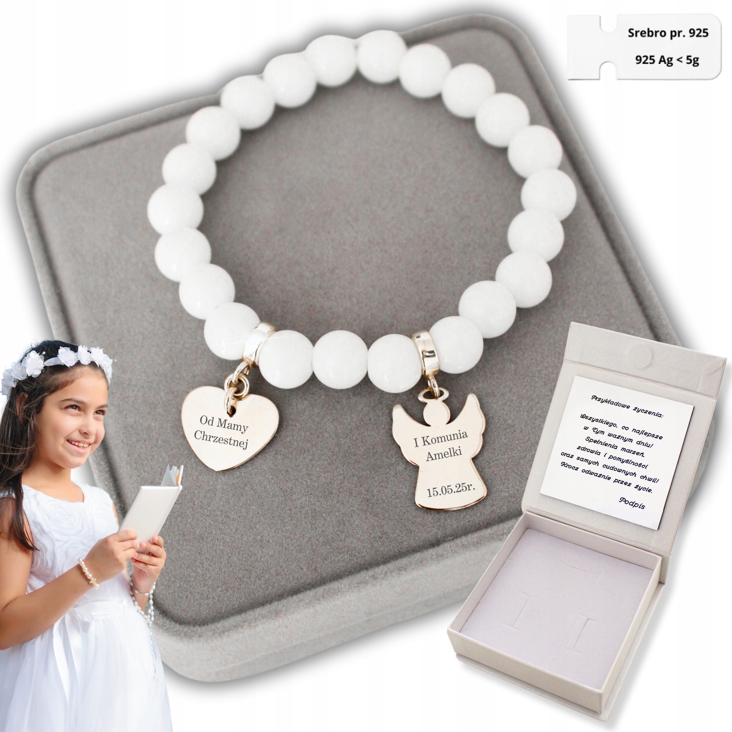 Stříbrný náramek s andělem pro dívku Srdce k přijímání Gravírování 925