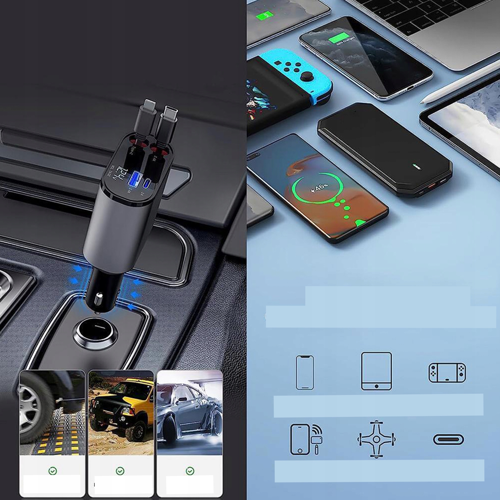 CZARNY SZYBKA ŁADOWARKA SAMOCHODOWA INTERFEJS USB 100W Kolor czarny