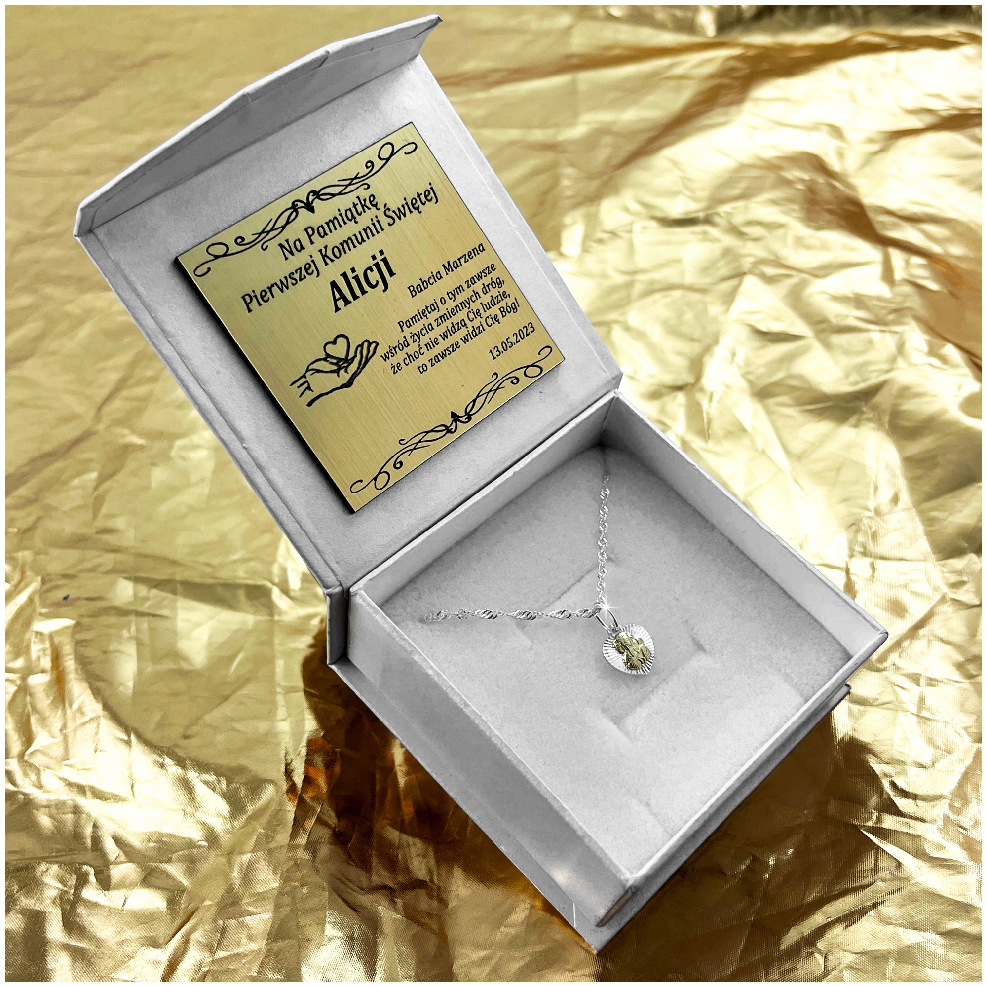 SREBRNY ŁAŃCUSZEK POZŁACANY MEDALIK 925 PREZENT DLA DZIEWCZYNKI NA KOMUNIĘ Kolor srebrny