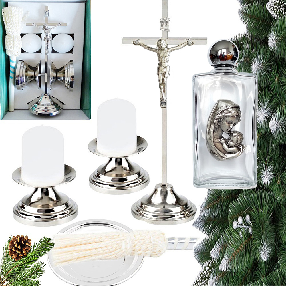 SREBRNY PROSTY KOMPLET KOLĘDOWY MISECZKA KROPIDŁO BUTELECZKA NA WODĘ ŚW