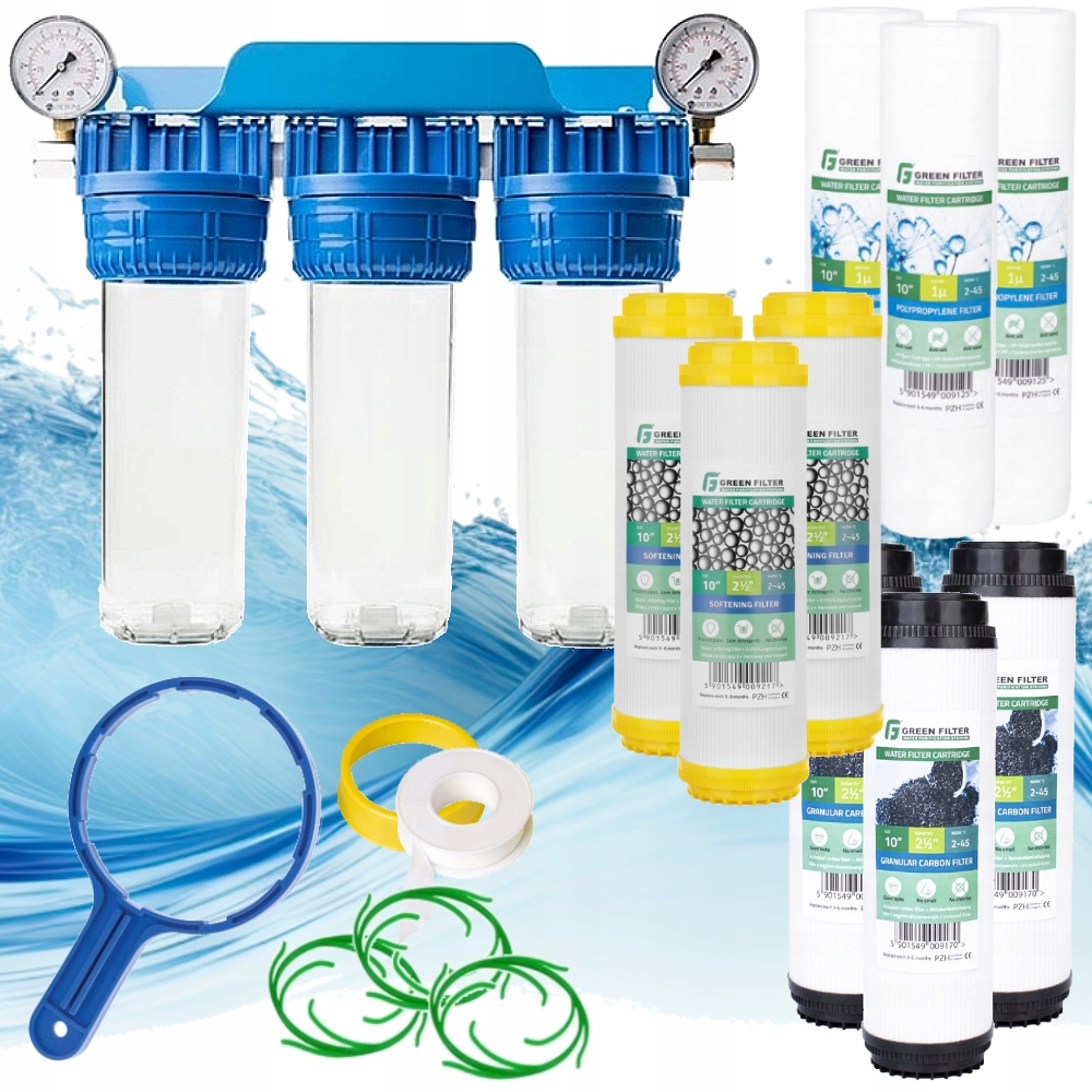 Filtr wody wstępny 3 stopniowy korpus narurowy 1/2" manometr zestaw filtrów