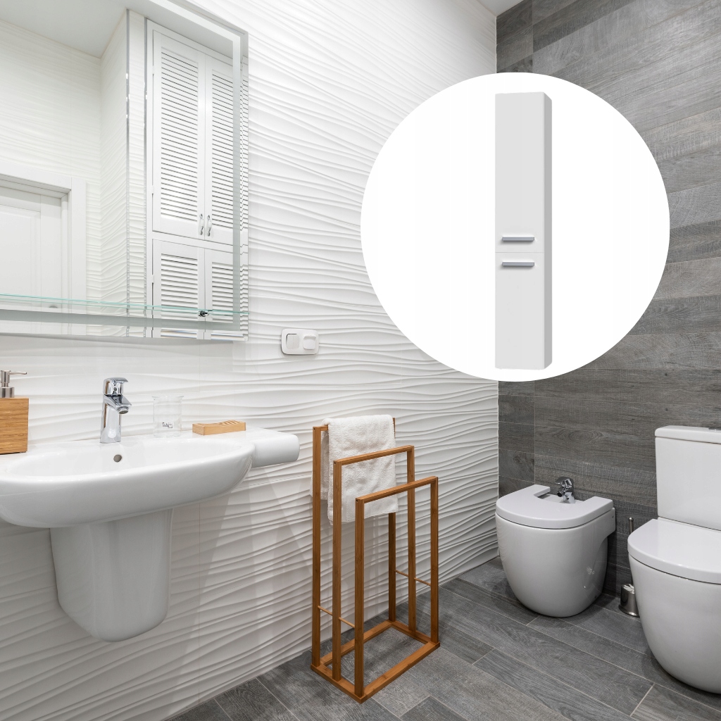 SŁUPEK ŁAZIENKOWY SZAFKA Z PÓŁKAMI REGAŁ Z KOSZEM NA PRANIE BIAŁY SZER. 31 Kolor frontów biały