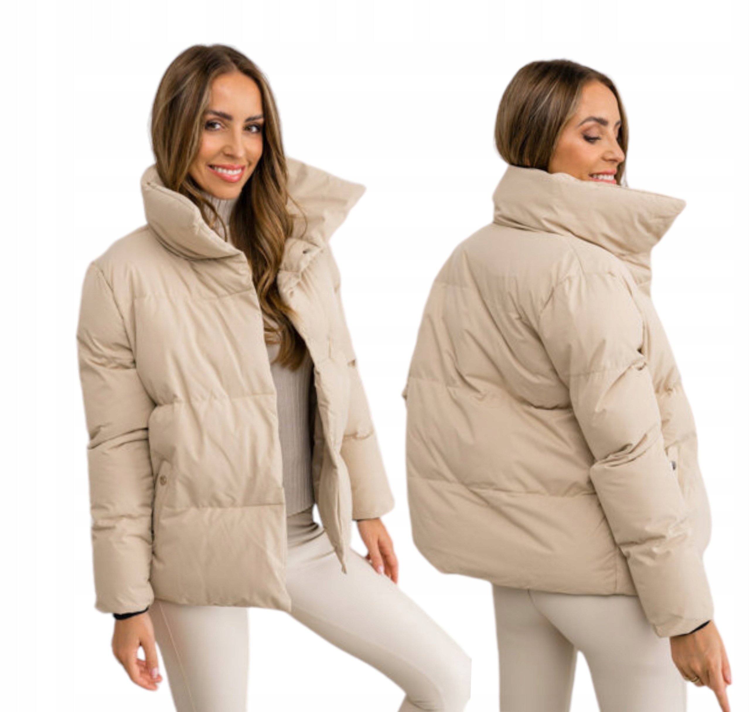 Krátká Béžová Prošívaná Bunda S Pufferovým Stojáčkem Zapínaná Na Druky vel. XL 42