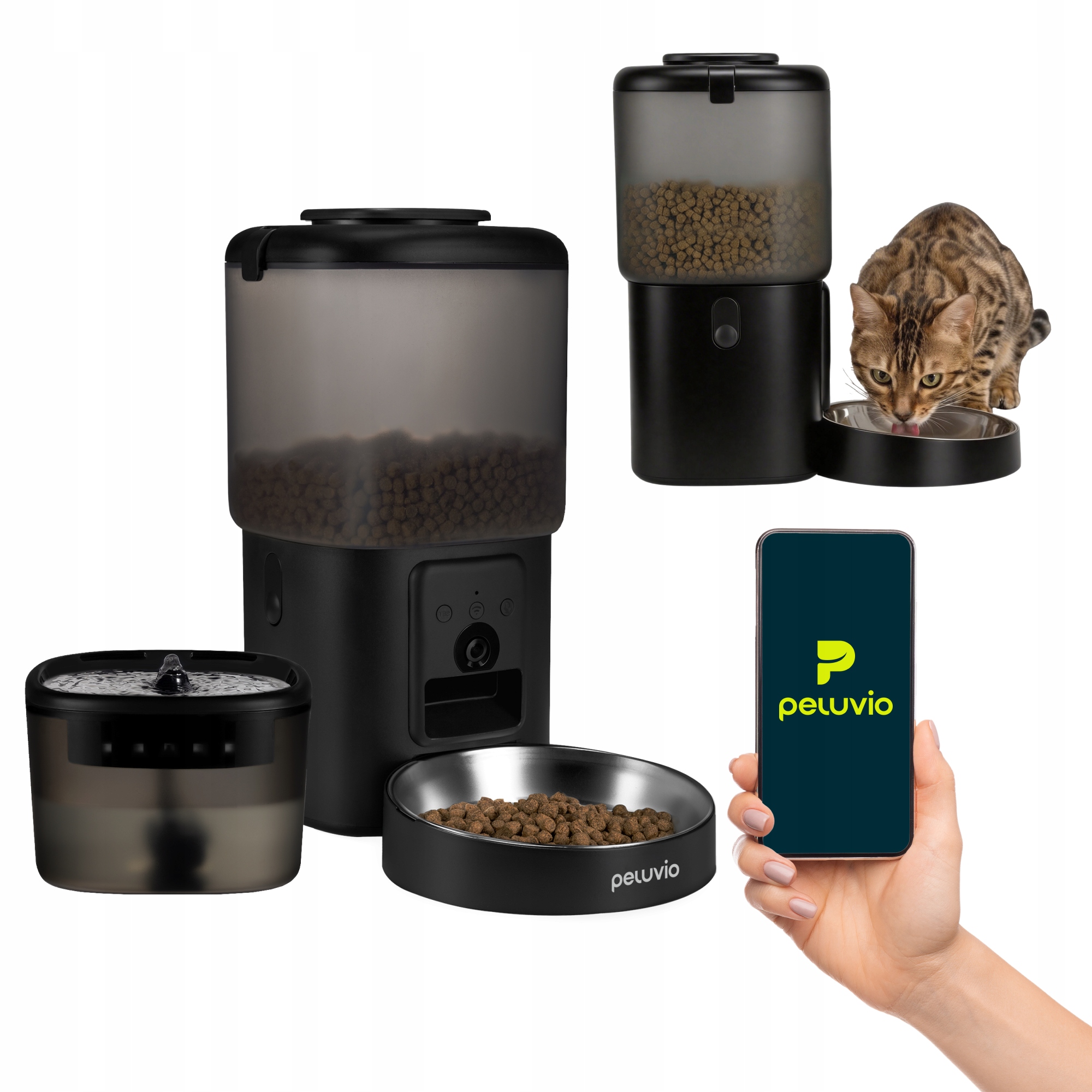 Levně Automatický dávkovač krmiva 4,5L+fontána na vodu 2,5L Wi-fi Peluvio Feast