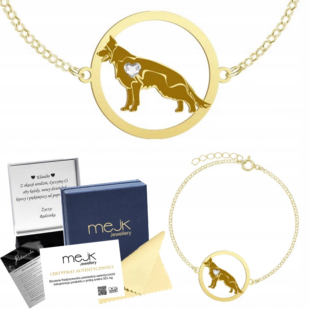 Zlatý náramek Německý ovčák černý 925 Dárek pro ženu Gravírování