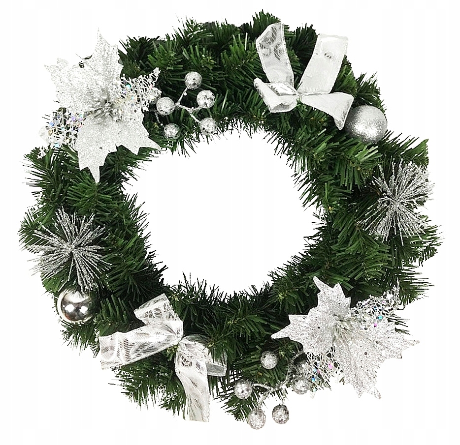 WIENIEC ŚWIĄTECZNY SREBRNY STROIK 40 cm GIRLANDA