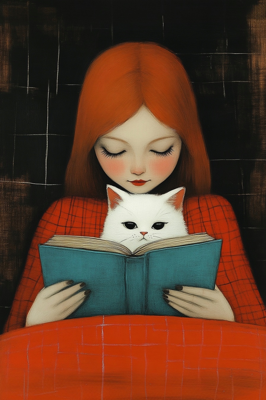 Obraz Na Plátně Canvas Rudá Dívka Kočka Kniha Čtení Přátelství 80x120