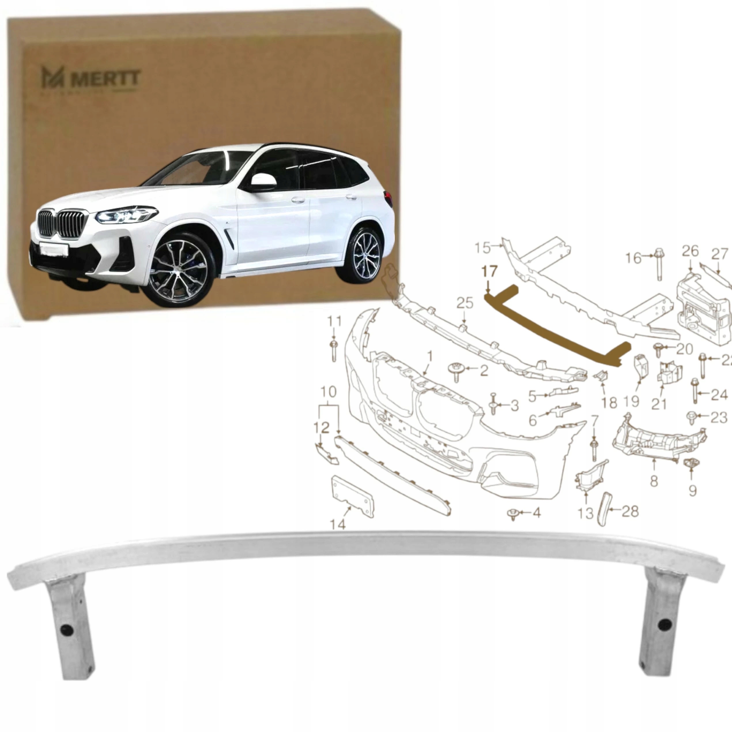 Spodní Nosník vyztužení Přední Hliník Bmw X3 X4 G01 G02 2017- 51117399912