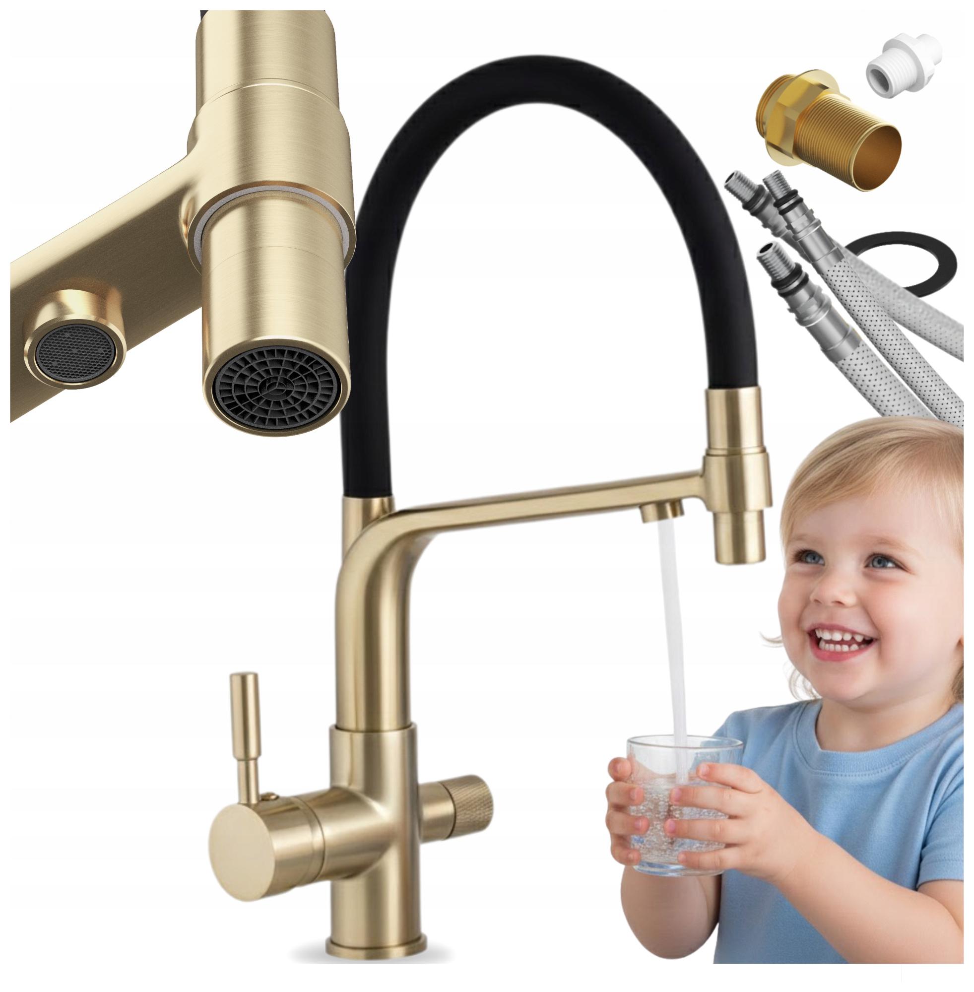 Trojcestná kuchynská batéria pre vodný filter Malta zlatá výpusť s filtrom