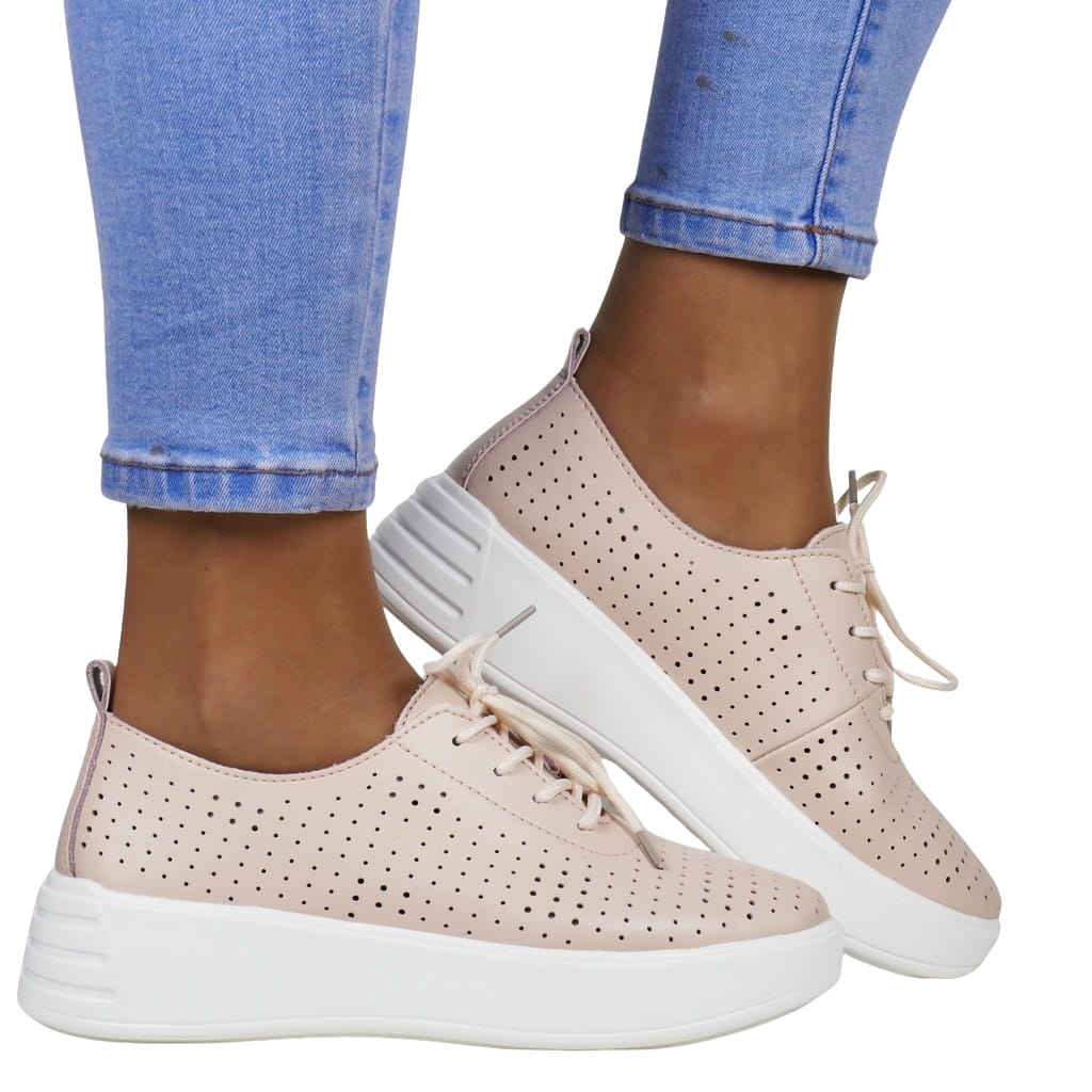PÓŁBUTY SNEAKERSY AŻUROWE ZE SKÓRY NA KOTURNIE RÓŻOWE PASTELOWE