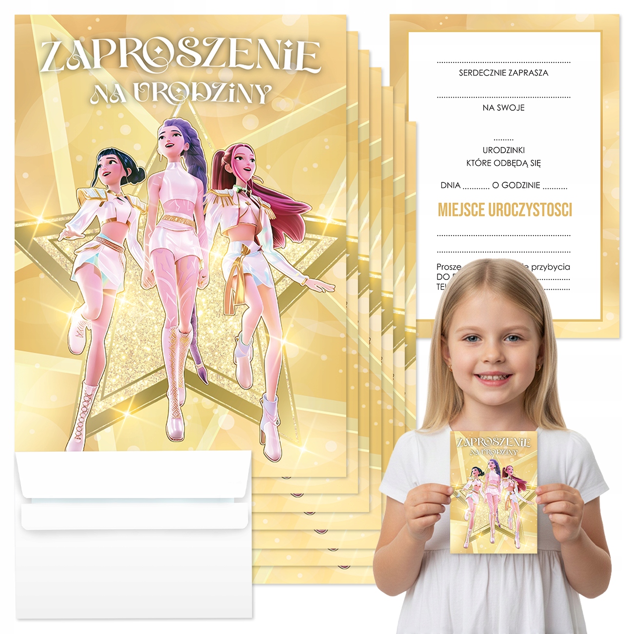 ZAPROSZENIA URODZINOWE ŁOWCZYNIE DEMONÓW HUNTRIX K-POP ZŁOTE + KOPERTA 8SZT