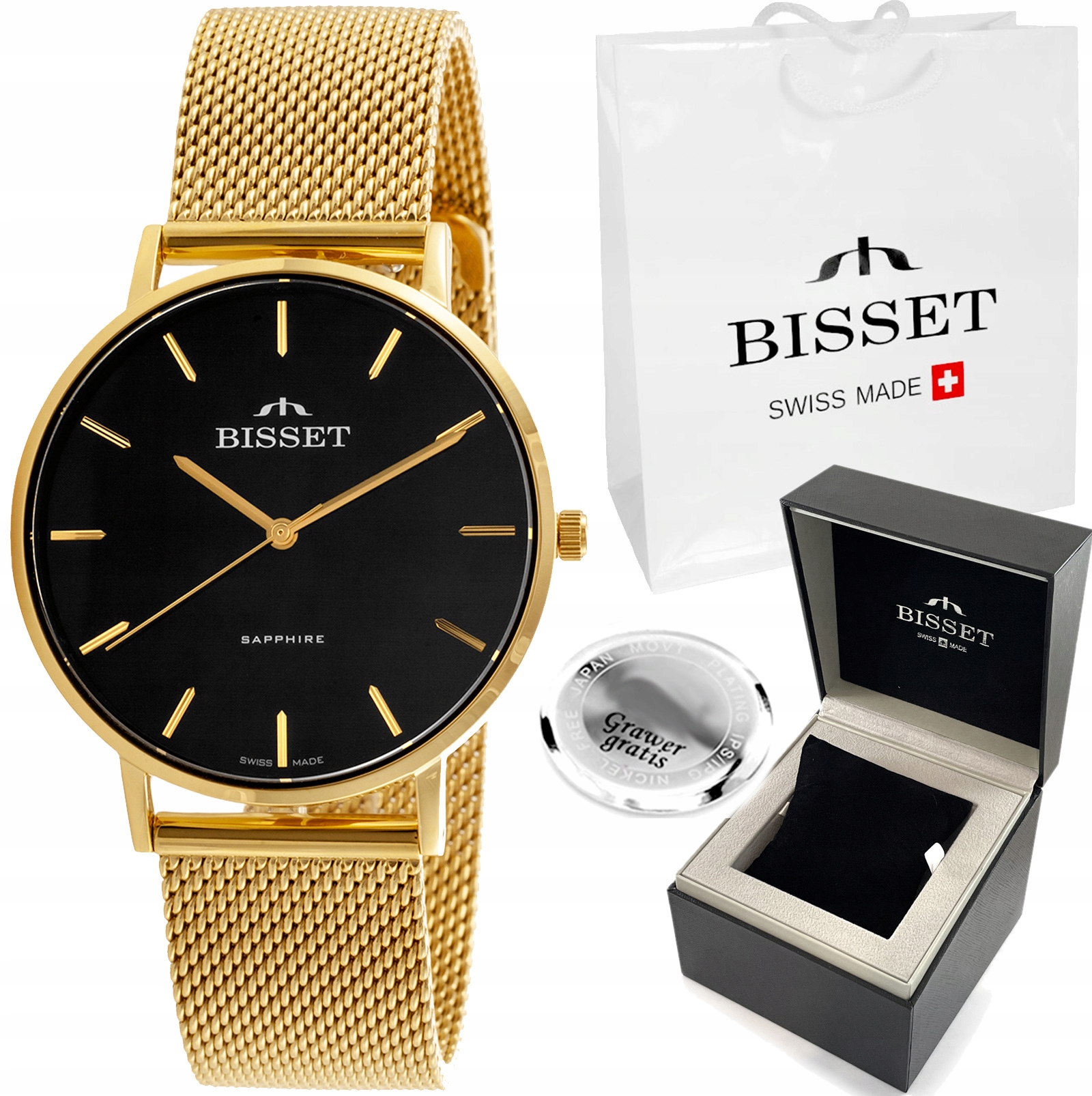 Švýcarské dámské hodinky Bisset Aritte zlaté se Safírovým Sklo Gravírování