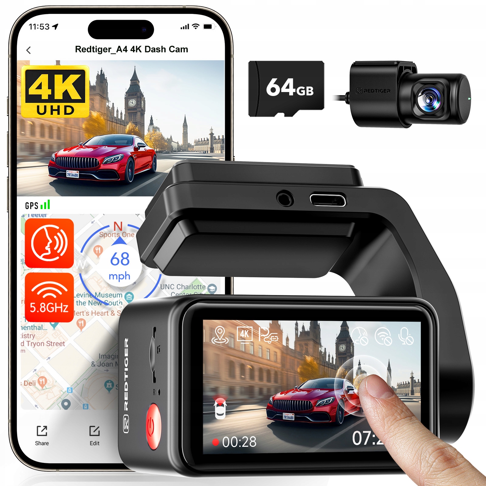 Širokouhlý prehrávač Redtiger A4 4K+1080P 5,8 GHz WiFi hlasové ovládanie 64 Gb