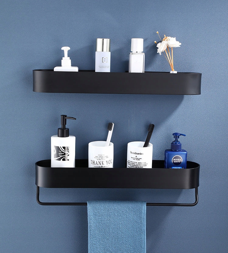 2x Sprchová polička 40 cm Černá kovová s lepidlem