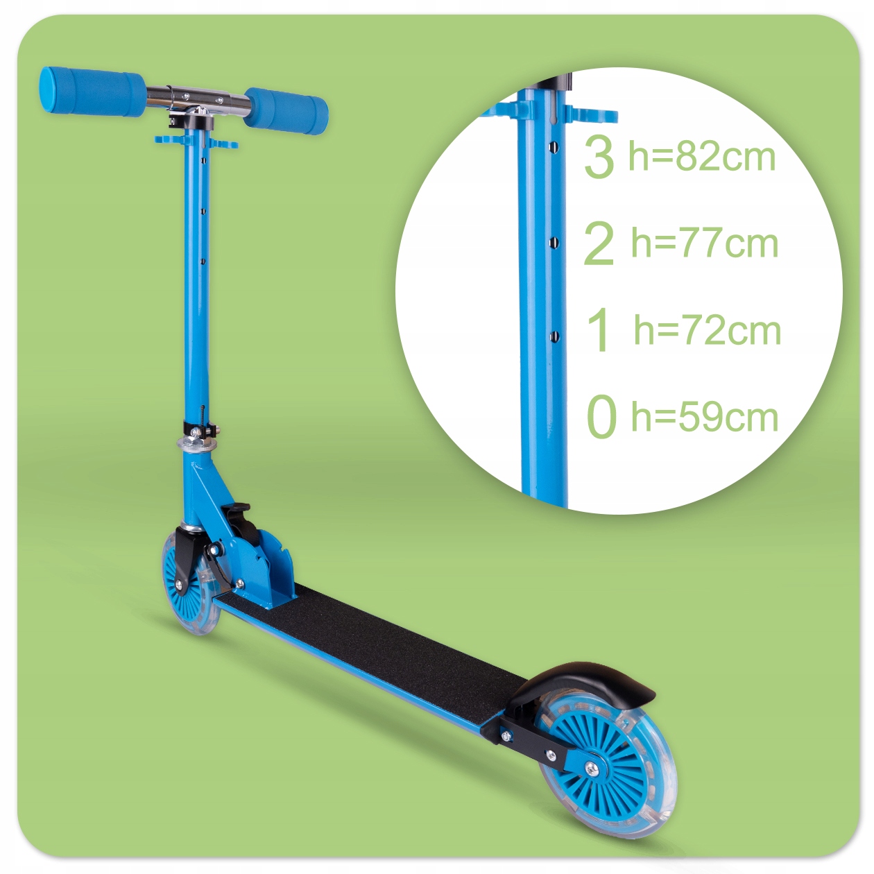 HULAJNOGA DLA DZIECI ŚWIECĄCA LED KOŁA REGULACJA WYSOKOŚCI HAMULEC SKŁADANA Wiek dziecka 3 lata +