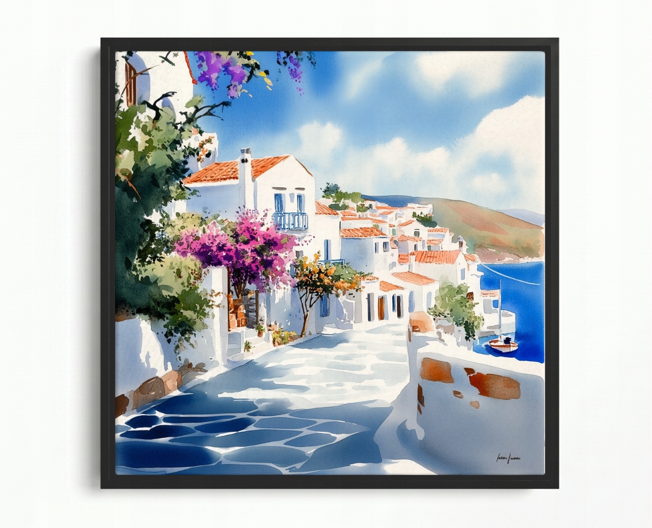 Obraz Rám Americký Box Řecko Ulička Santorini Moře Bugenwilla 60x60