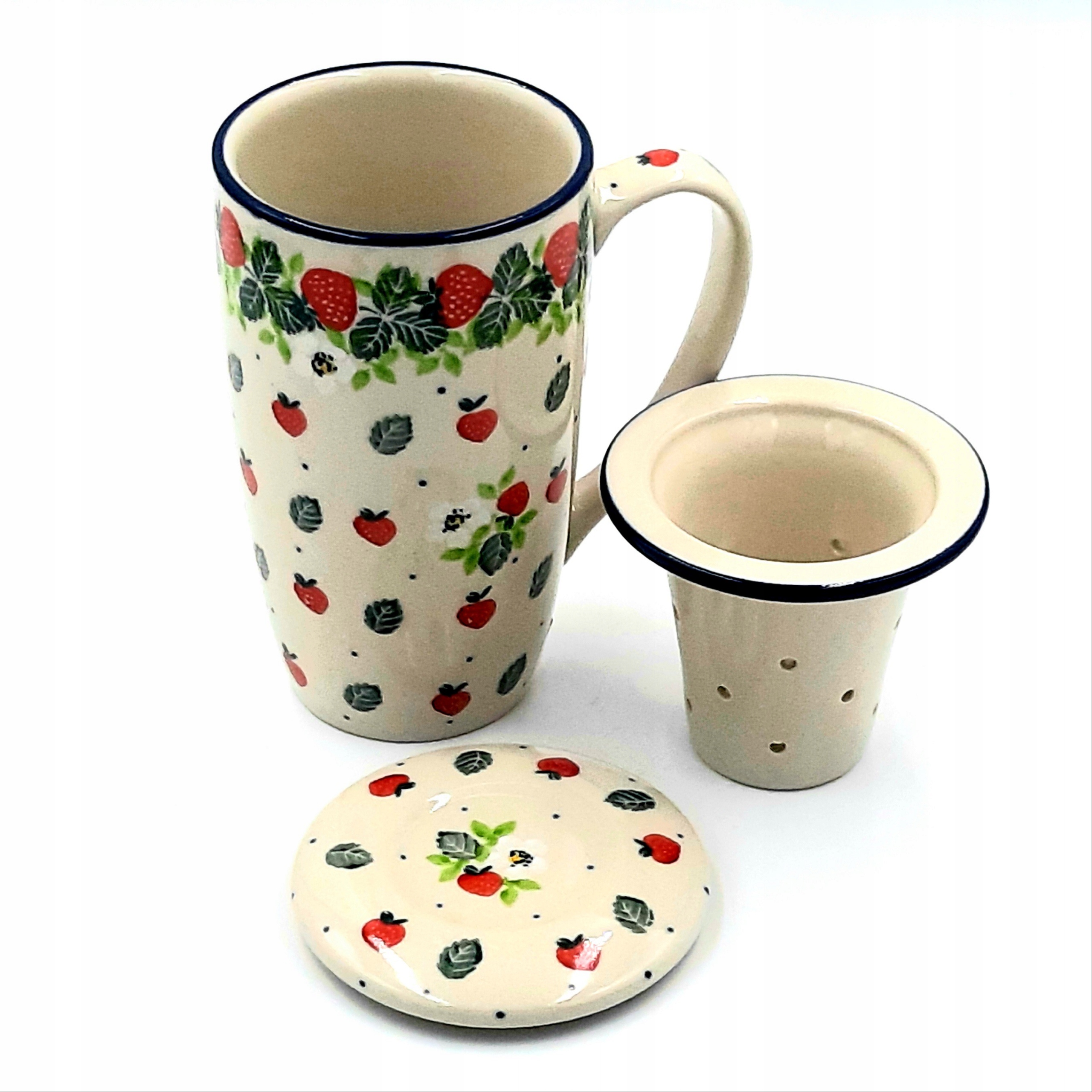 KUBEK Z ZAPARZACZEM V: 0,4 L POZIOMKI CERAMIKA BOLESŁAWIEC