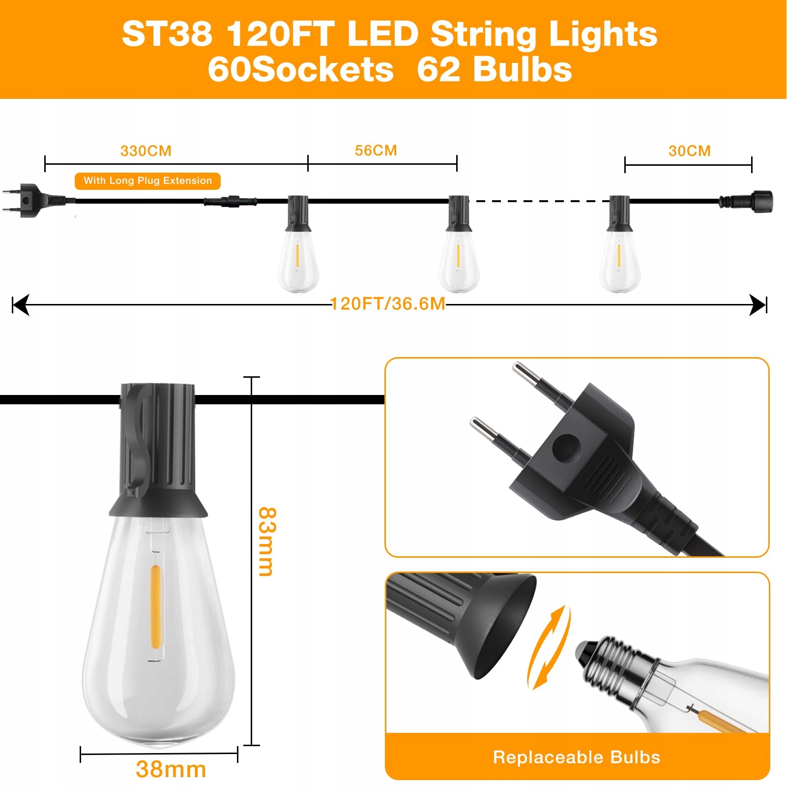 GLUROO Lampki LED Zewnętrzne 36.6M 60+2 Żarówki Plastikowe 2200K Ciepłe — miniatura 6