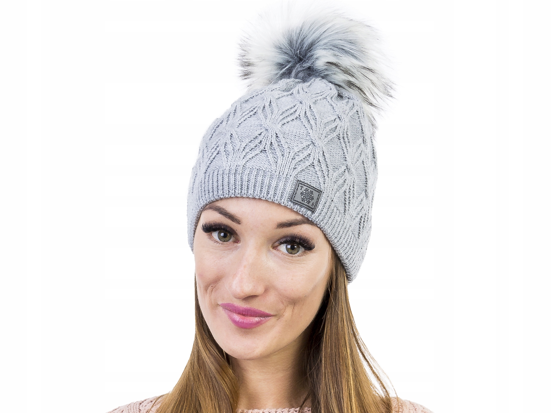 

C253 Zimowa Damska Czapka Pompon Szary