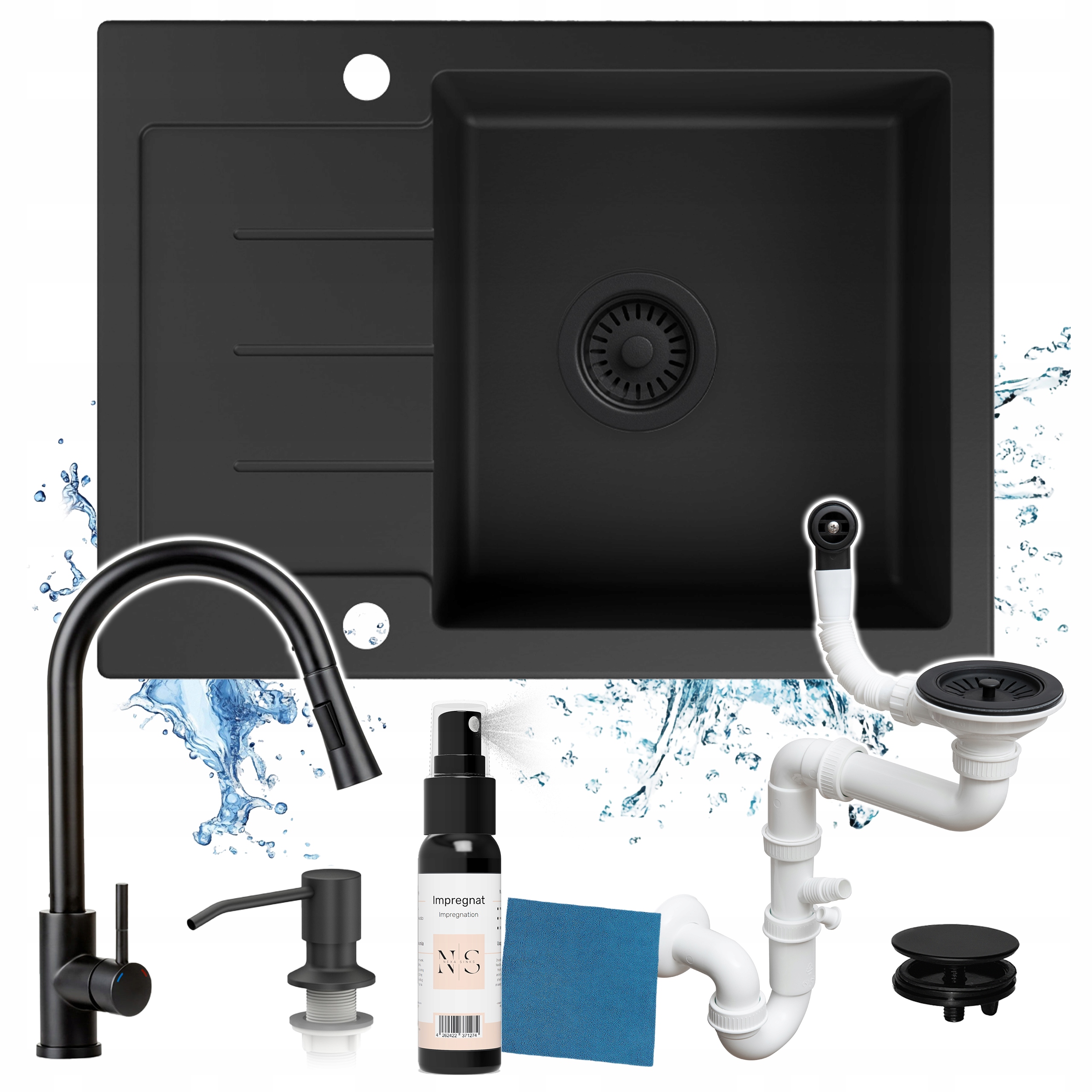 Set 7v1 Dřez Jednokomorový Baterie Sifon 60.2x44.2