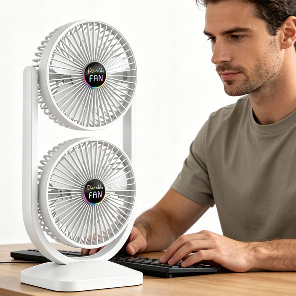 Stolní ventilátor Větrník Dvě nastavitelné hlavice Silný průtok Usb C