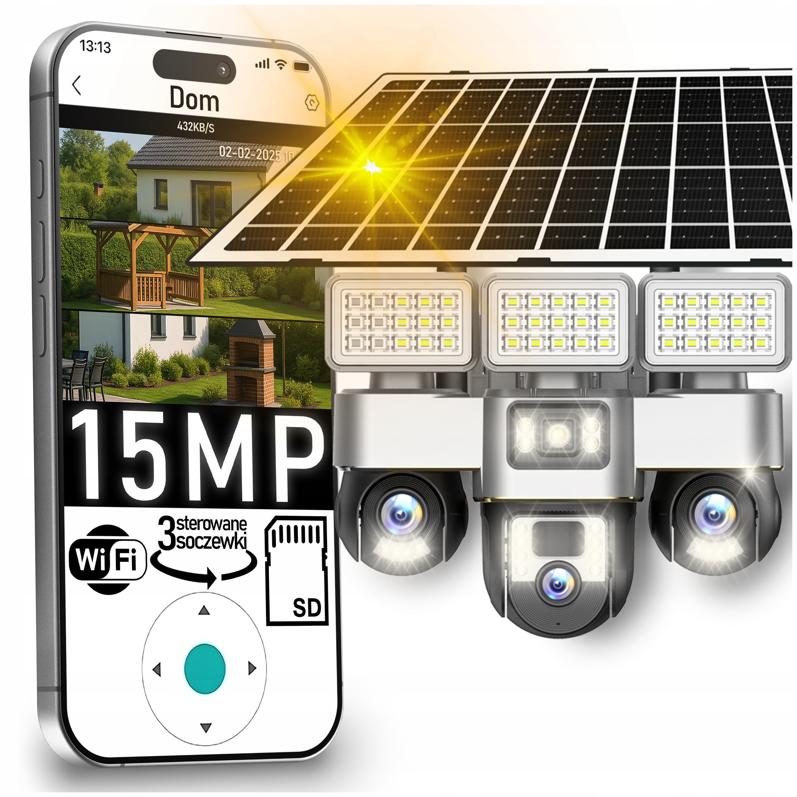 Vonkajšia Solárna Kamera 4K 3x Otočné Šošovky 15MPx Detekcia WiFi