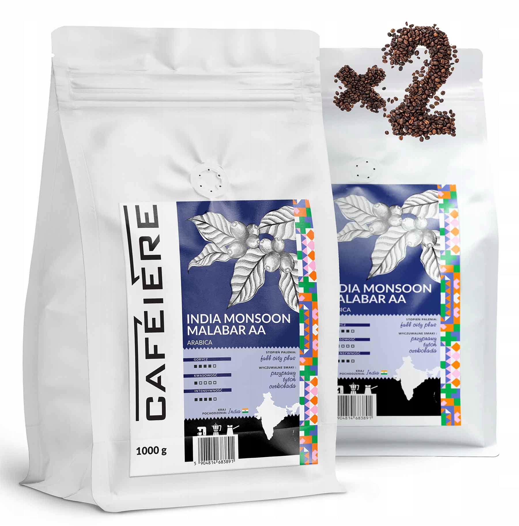 Levně Káva zrnková India Monsoon Malabar Aa 1kg x2 Čerstvě pražená Arabica 100%