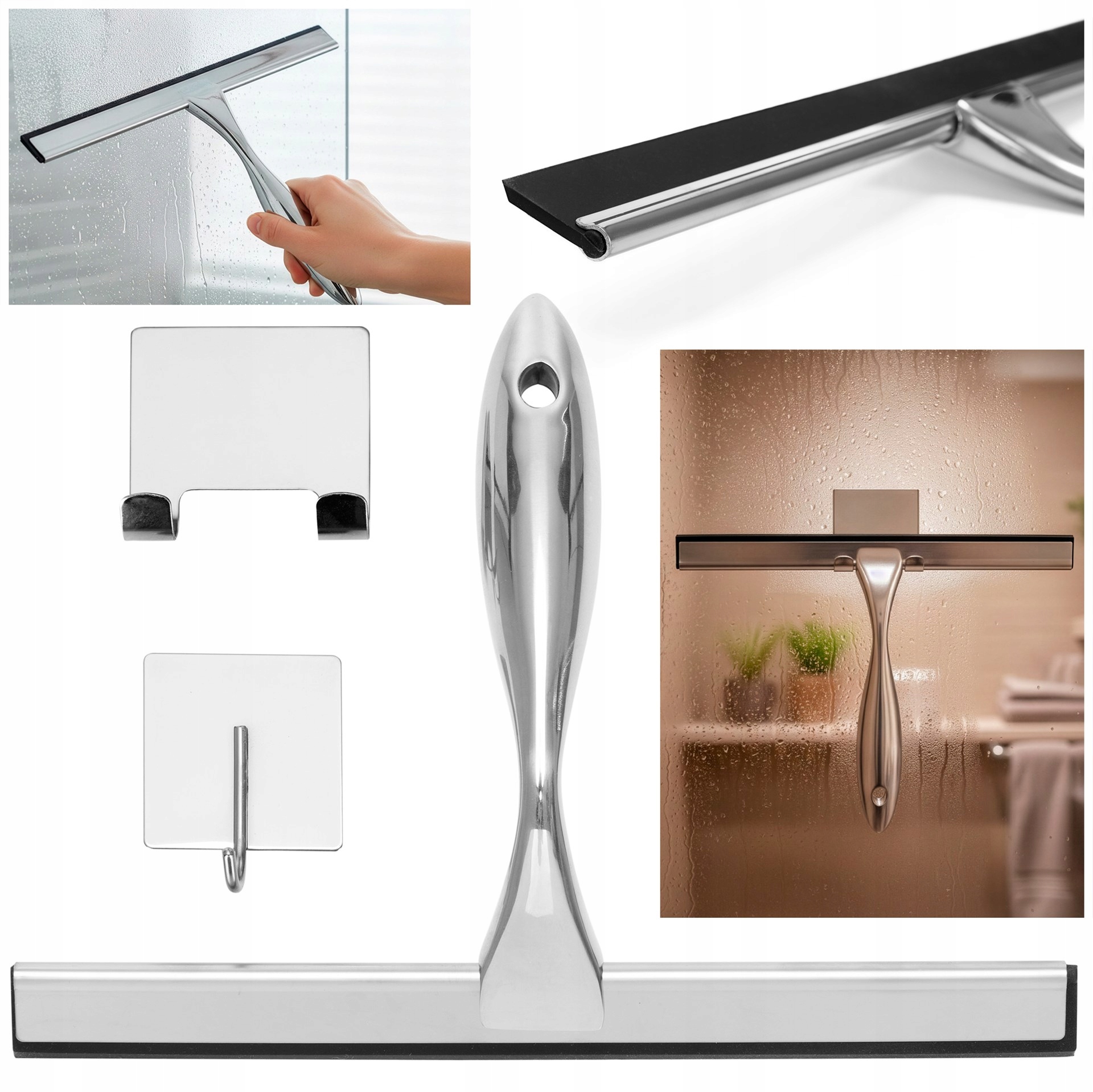 Stěrka Na Sklo Zrcadlo Vody Kabin 25 cm Koupelnová Chromová Ocel S Háčkem