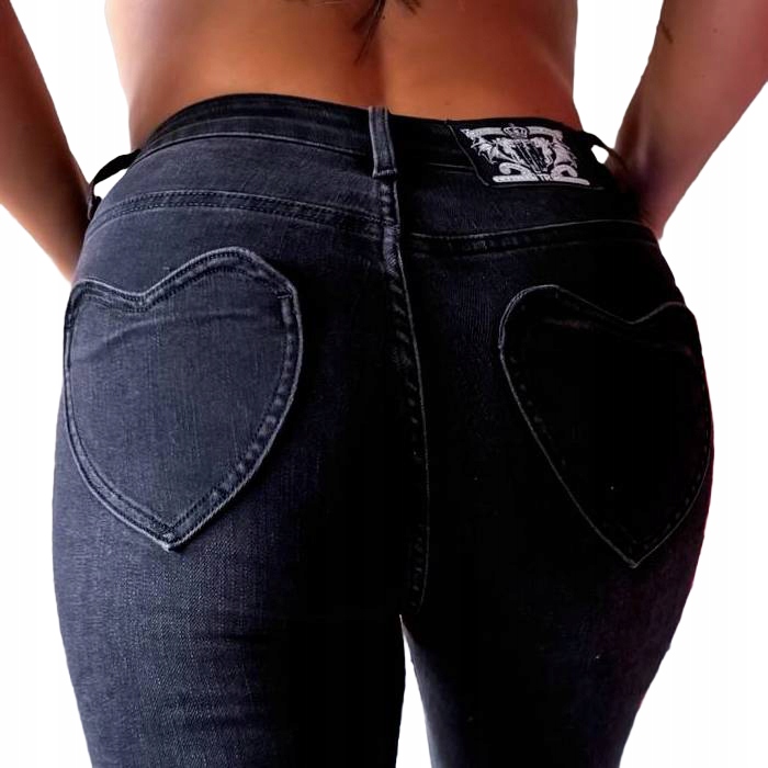 Spodnie Jeansy Damskie z Sercem Czarne Skinny Rurki Push Up Premium XL/42