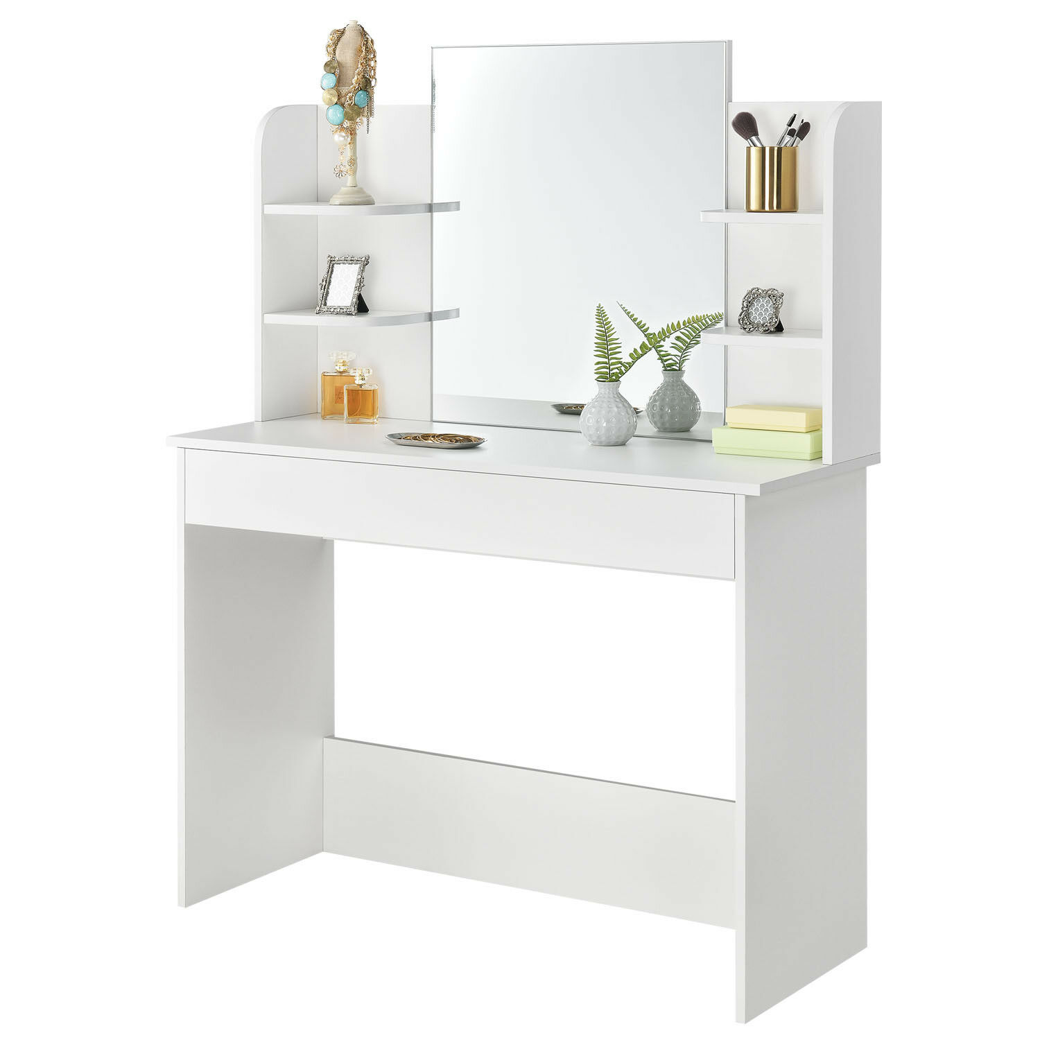 Moderný kozmetický toaletný stolík s veľkým zrkadlom a poličkami ModernHome