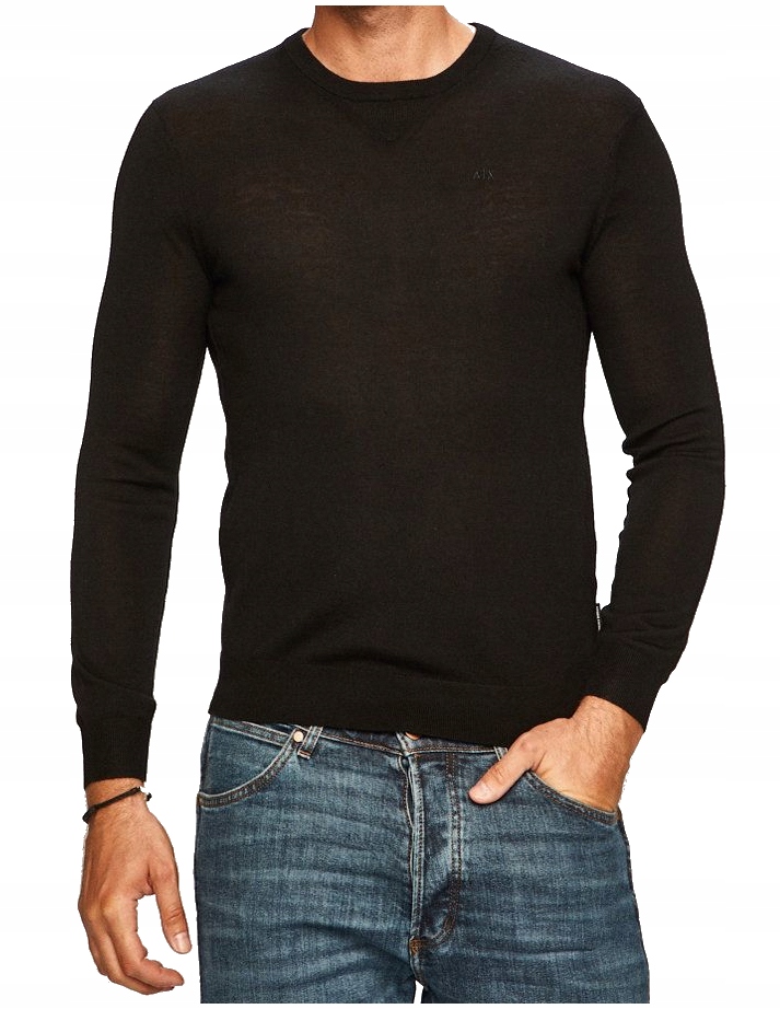 Armani Exchange Černý pánský vlněný svetr s kulatým výstřihem typu pullover