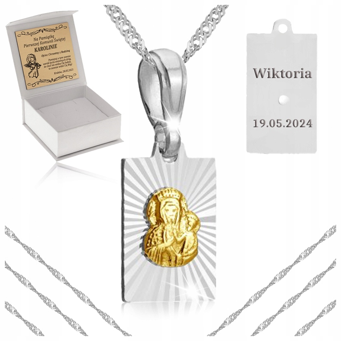 SREBRNY NASZYJNIK KOMUNIJNY ŁAŃCUSZEK MEDALIK 925 DLA DZIEWCZYNKI + GRAWER