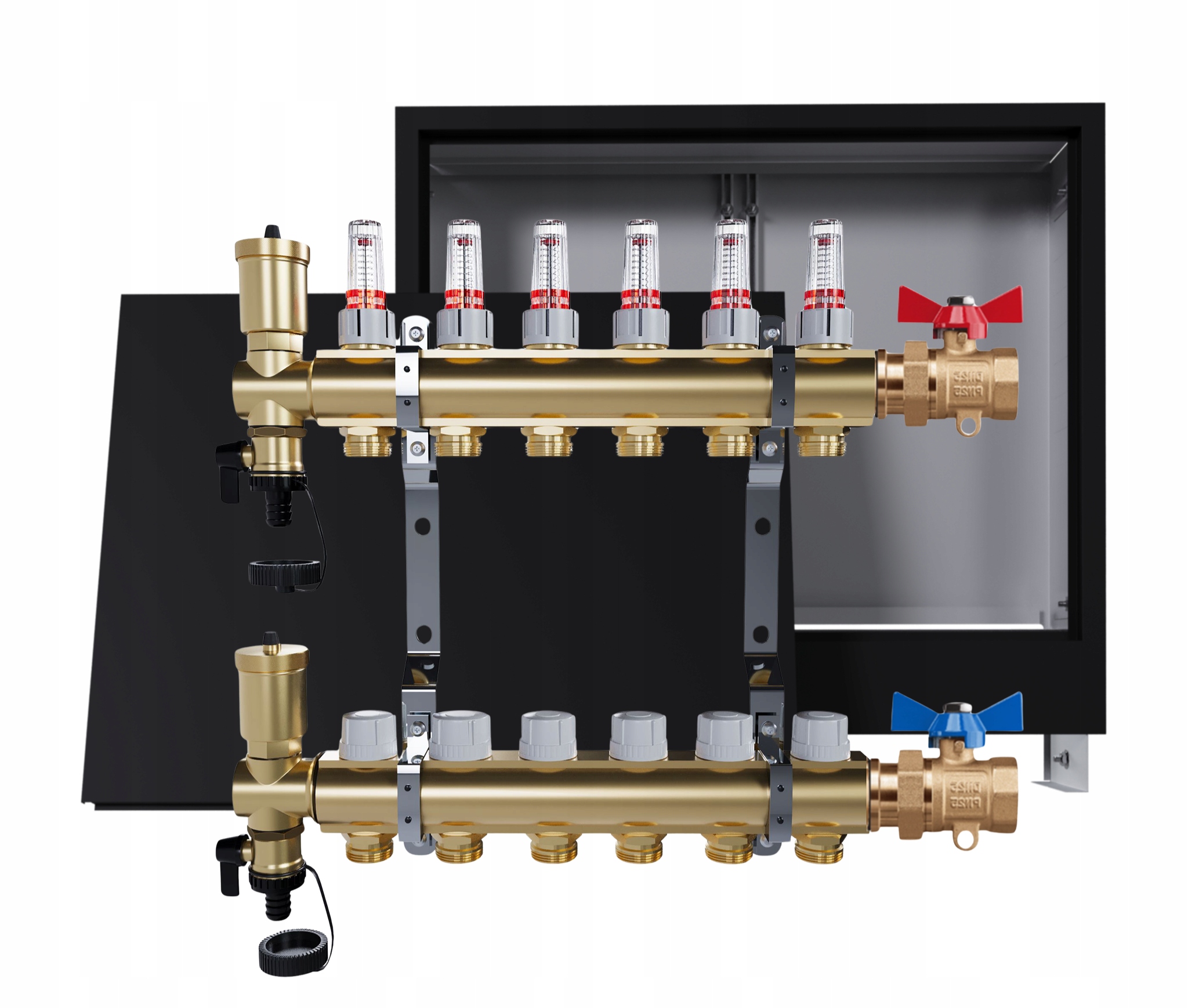 Rozdělovač podlahových krytin mosazný 6 okruhů skříňka černá jednoduchý ventil