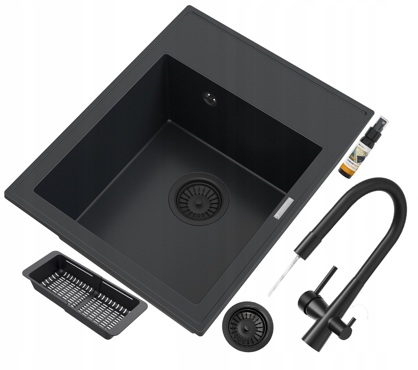 Granitový drez čierny Nero Sada trojcestná batéria sifón košík čierny