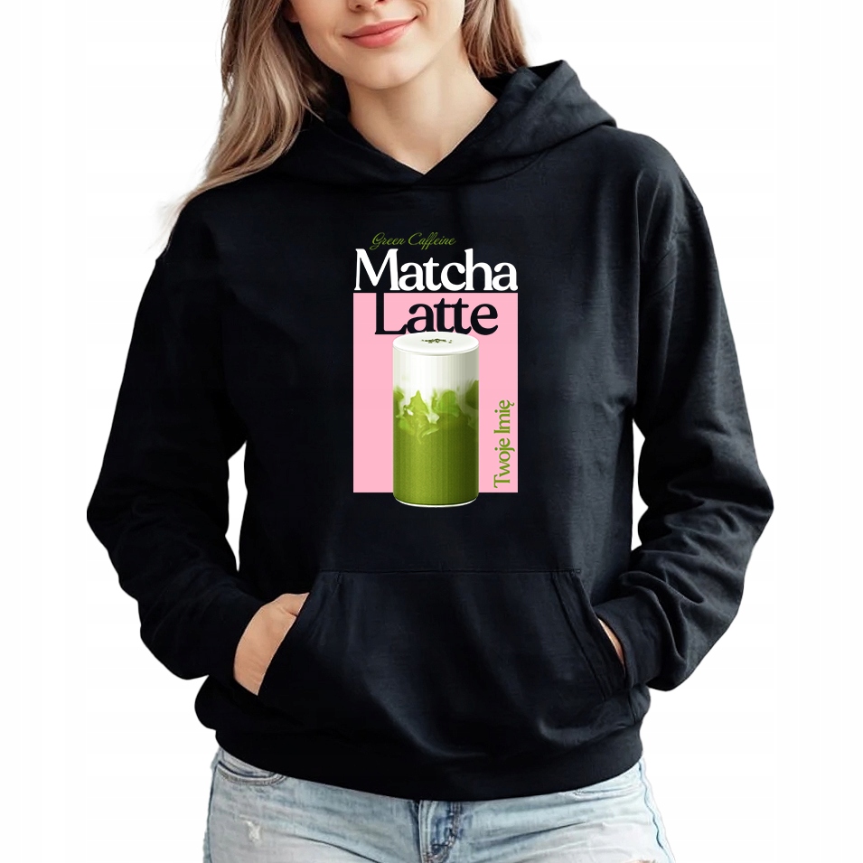 Mikina Hoodie Černá Módní pro milovnici Matchy Matcha Latte Jméno S