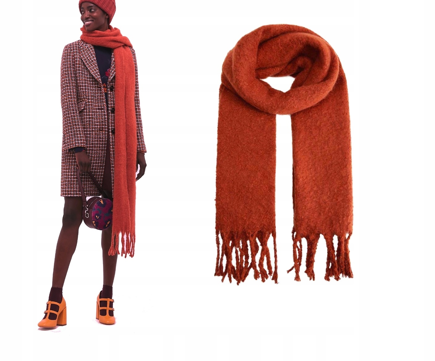 

Mango rdzawy szal szalik z frędzlami boucle 220x45