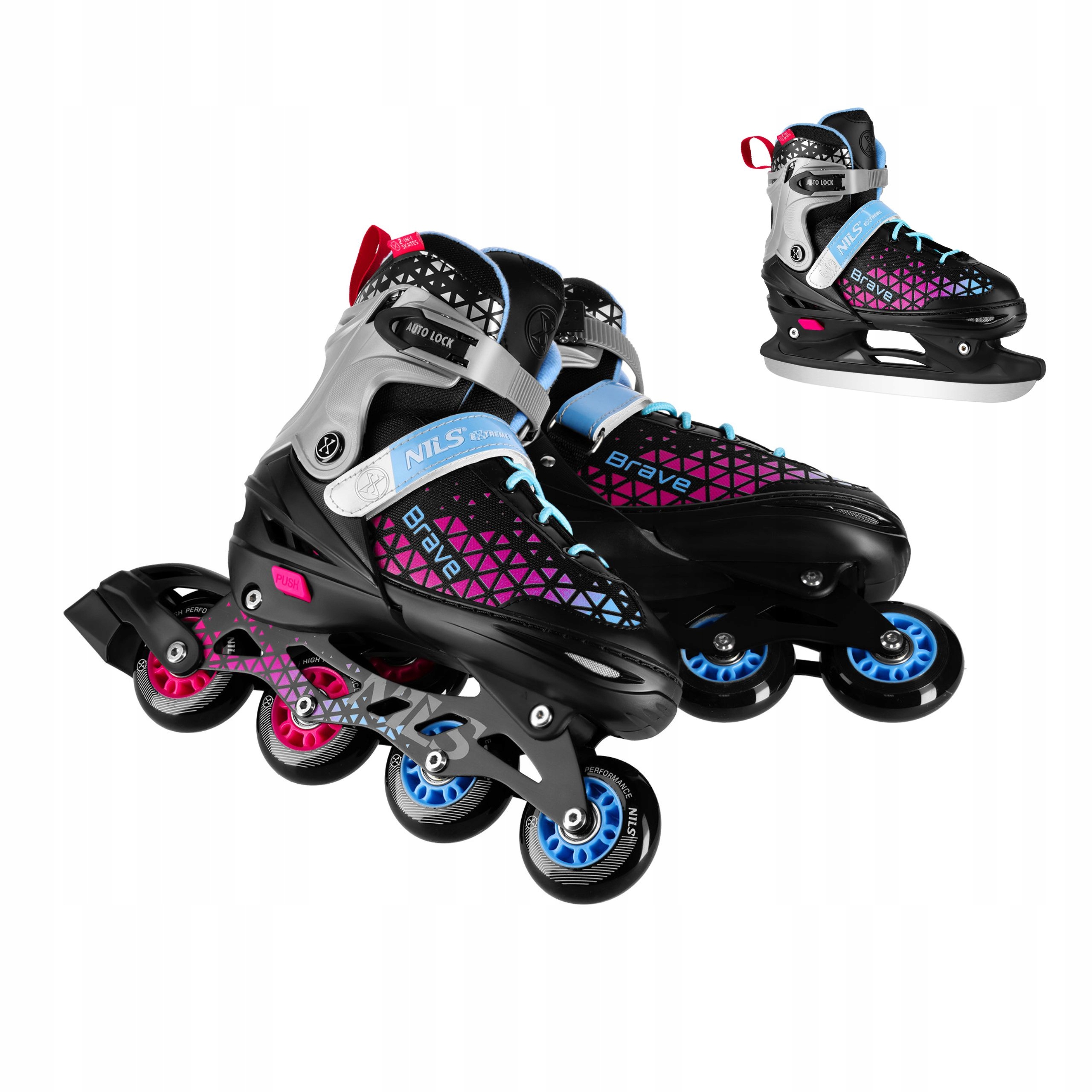 Brusle 2v1 2v1 S 29-33 nastavitelné růžové brusle na led hokejový set Nils Extreme