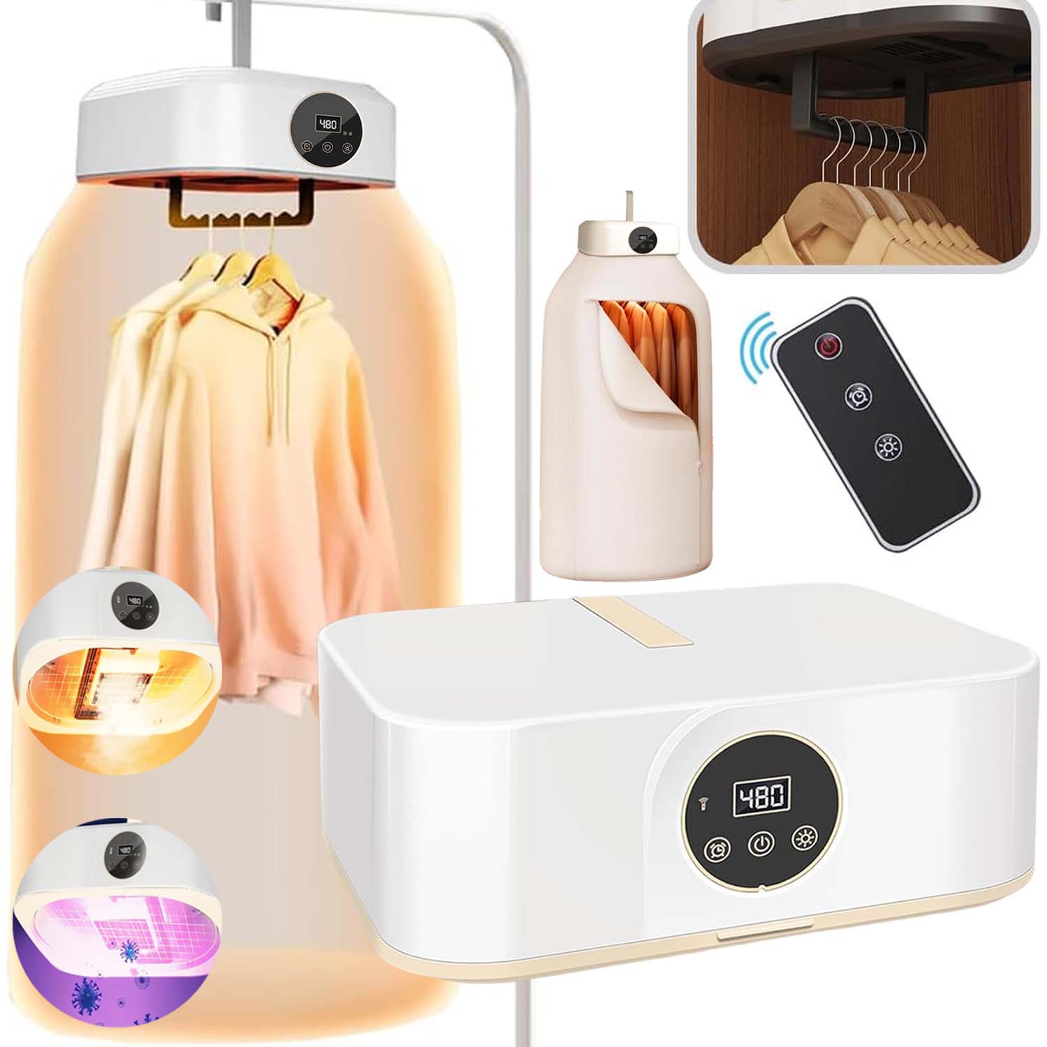 Levně Přenosná Elektrická Sušák Na Prádlo 600W Turistická S Časovačem A Dálkovým Ovládáním
