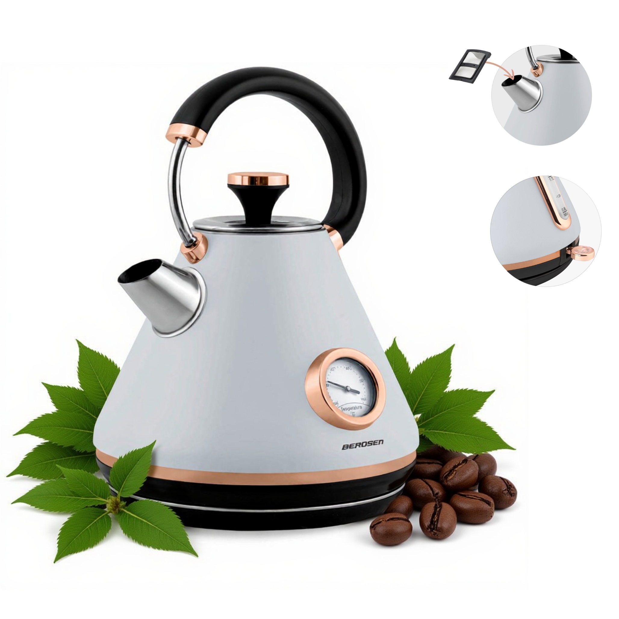 Czajnik Elektryczny z Termometrem 1,7L 2200W Retro Modny Szary