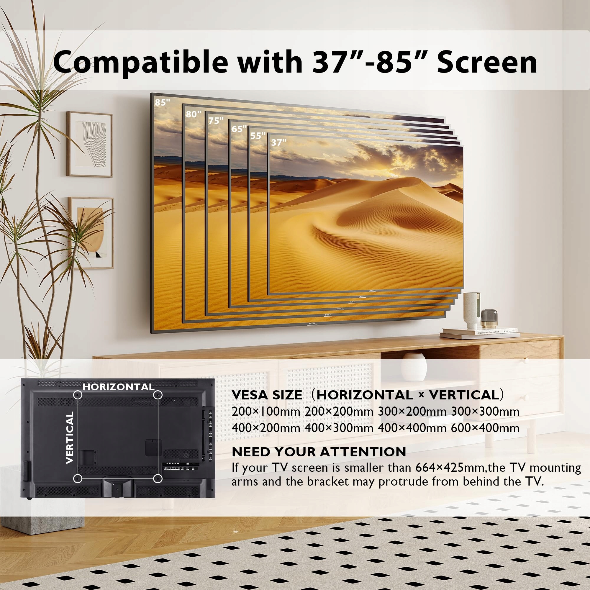 BONTEC Uchwyt TV Ścienny 37-85 cali Do 60kg VESA 600x400mm — miniatura 6