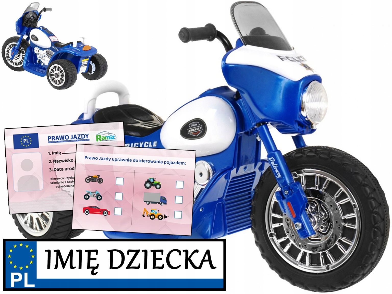 motorek dla dzieci Chopper na akumulator Tablica Z Imieniem prawo jazdy