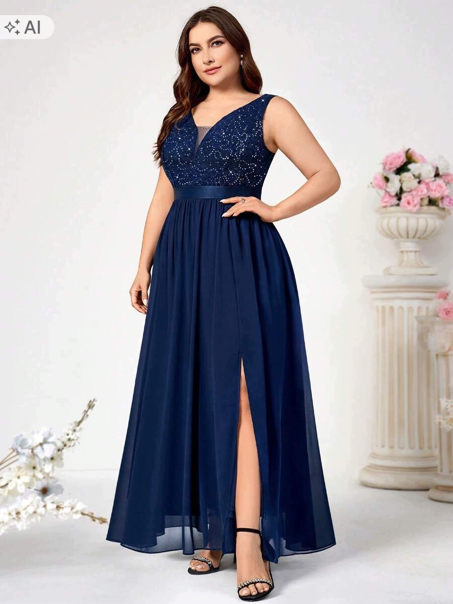 Shein Tmavě Modrá Šaty S Krajkou A Flitry Maxi 50 1L